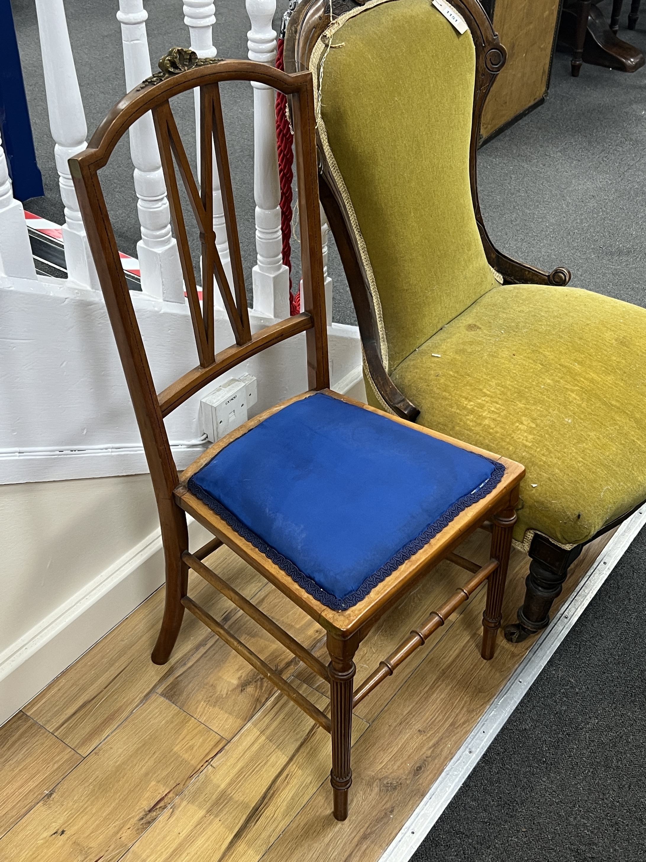 A Victorian mahogany spoon back nursing chair, height 96cm together with an Edwardian side chair